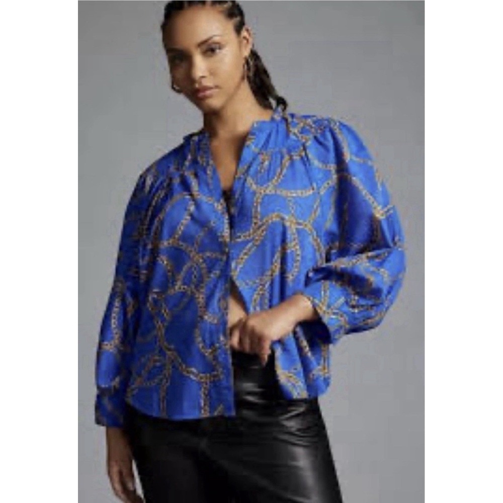 NWT Maeve By Anthropologie Women's 3X Blue Chain Print Button Balloon Sleeve